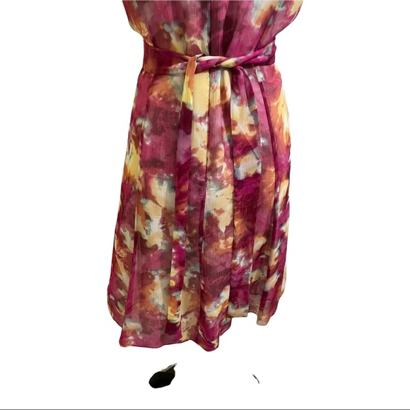 Chequer dress silk ruffle neckline sleeveless floral colorful. Womens size4 - Picture 7 of 11